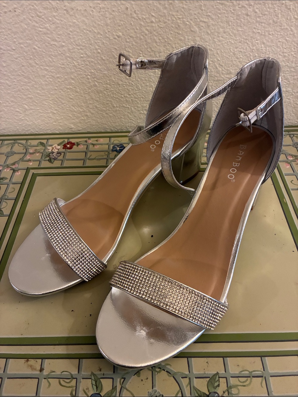 BAMBOO Silver Rhinestone Open-Toe Ankle-Strap Heels